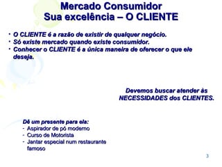 Mercado Consumidor
Sua excelência – O CLIENTE
• O CLIENTE é a razão de existir de qualquer negócio.
• Só existe mercado quando existe consumidor.
• Conhecer o CLIENTE é a única maneira de oferecer o que ele
deseja.

Devemos buscar atender às
NECESSIDADES dos CLIENTES.

Dê um presente para ela:
- Aspirador de pó moderno
- Curso de Motorista
- Jantar especial num restaurante
famoso
3

 