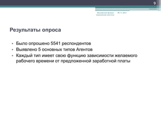 9
Московский физикотехнический институт

09.11.2013

Результаты опроса
• Было опрошено 5541 респондентов
• Выявлено 5 основных типов Агентов
• Каждый тип имеет свою функцию зависимости желаемого
рабочего времени от предложенной заработной платы

 