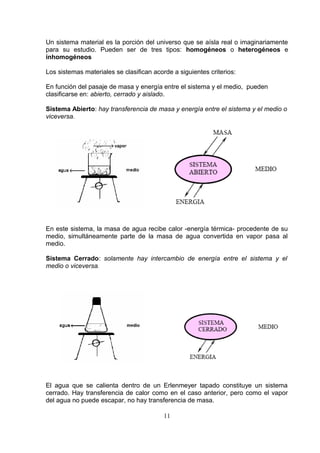 Un sistema material es la porción del universo que se aísla real o imaginariamente
para su estudio. Pueden ser de tres tipos: homogéneos o heterogéneos e
inhomogéneos
Los sistemas materiales se clasifican acorde a siguientes criterios:
En función del pasaje de masa y energía entre el sistema y el medio, pueden
clasificarse en: abierto, cerrado y aislado.
Sistema Abierto: hay transferencia de masa y energía entre el sistema y el medio o
viceversa.

En este sistema, la masa de agua recibe calor -energía térmica- procedente de su
medio, simultáneamente parte de la masa de agua convertida en vapor pasa al
medio.
Sistema Cerrado: solamente hay intercambio de energía entre el sistema y el
medio o viceversa.

El agua que se calienta dentro de un Erlenmeyer tapado constituye un sistema
cerrado. Hay transferencia de calor como en el caso anterior, pero como el vapor
del agua no puede escapar, no hay transferencia de masa.
11

 