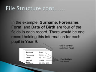 In the example, Surname, Forename,
Form, and Date of Birth are four of the
fields in each record. There would be one
record holding this information for each
pupil in Year 9.
One record for
each Year 7 pupil
Surname
:
Forename
:
Form:

Brown

Date of
Birth:
Telephone:

23.4.84

James
7B
020 1234 5678

Five fields in
the record

 