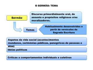O SERMÃO: TEMA
Discurso primordialmente oral, de
assunto e propósitos religiosos e/ou
moralizadores.

Sermão

Temas

Habitualmente desenvolvidos a
partir de versículos da
Sagrada Escritura

Aspetos da vida social (acontecimentos
mundanos, cerimónias públicas, panegíricos de pessoas e
atos)
Ideias políticas
Críticas a comportamentos individuais e coletivos

 