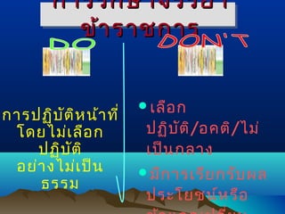 การรัก ษาจรรยา
ข้า ราชการ

การปฏิบ ัต ิห น้า ที่
โดยไม่เ ลือ ก
ปฏิบ ต ิ
ั
อย่า งไม่เ ป็น
ธรรม

เลือ ก

ปฏิบ ัต ิ/อคติ/ไม่
เป็น กลาง

มีก ารเรีย กรับ ผล

ประโยชน์ห รือ

 