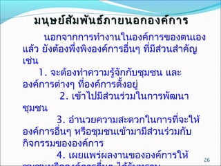 มนุษ ย์ส ม พัน ธ์ภ ายนอกองค์ก าร
ั
นอกจากการทำางานในองค์การของตนเอง
แล้ว ยังต้องพึ่งพิงองค์การอื่นๆ ที่มีส่วนสำาคัญ
เช่น
1. จะต้องทำาความรู้จักกับชุมชน และ
องค์การต่างๆ ที่องค์การตั้งอยู่
2. เข้าไปมีส่วนร่วมในการพัฒนา
ชุมชน
3. อำานวยความสะดวกในการที่จะให้
องค์การอื่นๆ หรือชุมชนเข้ามามีสวนร่วมกับ
่
กิจกรรมขององค์การ
4. เผยแพร่ผลงานขององค์การให้
26

 