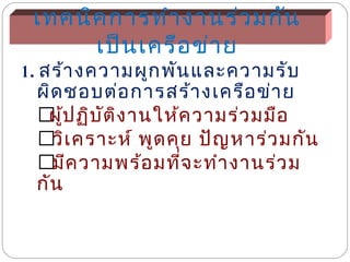 เทคนิค การทำา งานร่ว มกัน
เป็น เครือ ข่า ย

1. สร้า งความผูก พัน และความรับ
ผิด ชอบต่อ การสร้า งเครือ ข่า ย
 ้ป ฏิบ ัต ง านให้ค วามร่ว มมือ
ผู
ิ
วิเ คราะห์ พูด คุย ปัญ หาร่ว มกัน
มีค วามพร้อ มทีจ ะทำา งานร่ว ม
่
กัน

 
