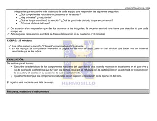 CICLO ESCOLAR 2013 - 2014

integrantes que encuentre más distraídos de cada equipo para responden las siguientes preguntas:
¿Qué componentes naturales encontramos en la escuela?
¿Hay animales? ¿Hay plantas?
¿Qué es lo que más llamó tu atención? ¿Qué te gustó más de todo lo que encontramos?
¿Cómo es el clima del lugar?
 De acuerdo a las respuestas que den los alumnos a las incógnitas, la docente escribirá una frase que describa lo que cada
equipo vio.
 Acto seguido, cada alumno escribirá las frases del pizarrón en su cuaderno. (10 minutos)
CIERRE: (10 minutos)
 Los niños cantan la canción “Y lloverá” encaminados por la docente.
 En los equipos ya compuestos realizarán la página 46 del libro de texto, para la cual tendrán que hacer uso del material
recortable que se les indica.

EVALUACIÓN:
Se evalúa que el alumno:
Describe características de los componentes naturales del lugar donde vive cuando reconoce el ecosistema en el que vive y
se da cuenta de la diferencia que hay con los demás, idea que se refuerza con la participación en la actividad de “excursión en
la escuela” y el escrito en su cuaderno, lo cual lo complementa.
Igualmente distingue los componentes naturales de un lugar en la resolución de la página 46 del libro.
El registro será mediante una lista de cotejo.

Recursos, materiales e instrumentos

 