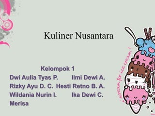 Kuliner Nusantara

Kelompok 1
Dwi Aulia Tyas P.
Ilmi Dewi A.
Rizky Ayu D. C. Hesti Retno B. A.
Wildania Nurin I.
Ika Dewi C.
Merisa

 