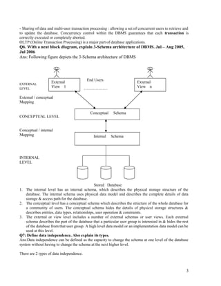 - Sharing of data and multi-user transaction processing : allowing a set of concurrent users to retrieve and
to update the database. Concurrency control within the DBMS guarantees that each transaction is
correctly executed or completely aborted.
OLTP (Online Transaction Processing) is a major part of database applications.

Q6. With a neat block diagram, explain 3-Schema architecture of DBMS. Jul – Aug 2005,
Jul 2006
Ans: Following figure depicts the 3-Schema architecture of DBMS

EXTERNAL
LEVEL

External
View 1

End Users

External
View n

………………

External / conceptual
Mapping

CONCEPTUAL LEVEL
Conceptual / internal
Mapping

Conceptual

Internal

Schema

Schema

INTERNAL
LEVEL

Stored Database
1. The internal level has an internal schema, which describes the physical storage structure of the
database. The internal schema uses physical data model and describes the complete details of data
storage & access path for the database.
2. The conceptual level has a conceptual schema which describes the structure of the whole database for
a community of users. The conceptual schema hides the details of physical storage structures &
describes entities, data types, relationships, user operation & constraints.
3. The external or view level includes a number of external schemas or user views. Each external
schema describes the part of the database that a particular user group is interested in & hides the rest
of the database from that user group. A high level data model or an implementation data model can be
used at this level.
Q7: Define data independence. Also explain its types.
Ans:Data independence can be defined as the capacity to change the schema at one level of the database
system without having to change the schema at the next higher level.
There are 2 types of data independence.

3

 