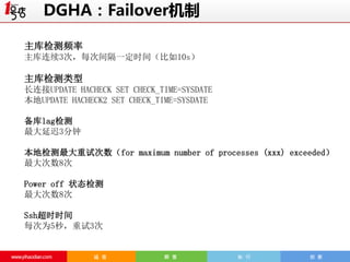 DGHA：Failover机制
主库检测频率
主库连续3次，每次间隔一定时间（比如10s）

主库检测类型
长连接UPDATE HACHECK SET CHECK_TIME=SYSDATE
本地UPDATE HACHECK2 SET CHECK_TIME=SYSDATE
备库lag检测
最大延迟3分钟
本地检测最大重试次数（for maximum number of processes (xxx) exceeded）
最大次数8次
Power off 状态检测
最大次数8次
Ssh超时时间
每次为5秒，重试3次

 