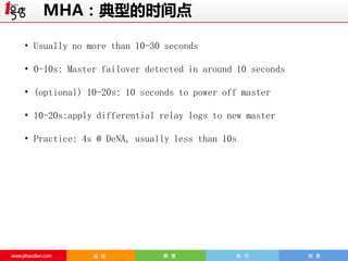 MHA：典型的时间点
• Usually no more than 10-30 seconds
• 0-10s: Master failover detected in around 10 seconds

• (optional) 10-20s: 10 seconds to power off master
• 10-20s:apply differential relay logs to new master

• Practice: 4s @ DeNA, usually less than 10s

 