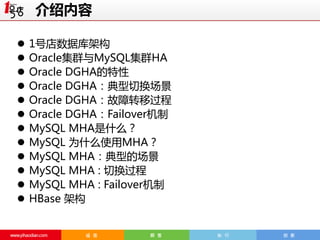 介绍内容













1号店数据库架构
Oracle集群与MySQL集群HA
Oracle DGHA的特性
Oracle DGHA：典型切换场景
Oracle DGHA：故障转移过程
Oracle DGHA：Failover机制
MySQL MHA是什么？
MySQL 为什么使用MHA？
MySQL MHA：典型的场景
MySQL MHA : 切换过程
MySQL MHA : Failover机制
HBase 架构

 