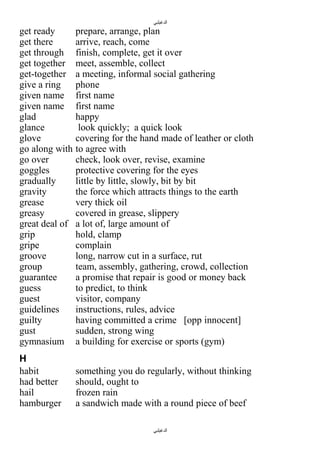 ‫الدغيلبي‬

get ready
prepare, arrange, plan
get there
arrive, reach, come
get through finish, complete, get it over
get together meet, assemble, collect
get-together a meeting, informal social gathering
give a ring
phone
given name first name
given name first name
glad
happy
glance
look quickly; a quick look
glove
covering for the hand made of leather or cloth
go along with to agree with
go over
check, look over, revise, examine
goggles
protective covering for the eyes
gradually
little by little, slowly, bit by bit
gravity
the force which attracts things to the earth
grease
very thick oil
greasy
covered in grease, slippery
great deal of a lot of, large amount of
grip
hold, clamp
gripe
complain
groove
long, narrow cut in a surface, rut
group
team, assembly, gathering, crowd, collection
guarantee
a promise that repair is good or money back
guess
to predict, to think
guest
visitor, company
guidelines
instructions, rules, advice
guilty
having committed a crime [opp innocent]
gust
sudden, strong wing
gymnasium a building for exercise or sports (gym)
H
habit
had better
hail
hamburger

something you do regularly, without thinking
should, ought to
frozen rain
a sandwich made with a round piece of beef
‫الدغيلبي‬

 