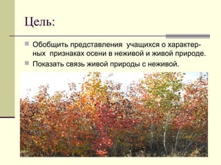 Цель:
 Обобщить представления учащихся о характер-

ных признаках осени в неживой и живой природе.
 Показать связь живой природы с неживой.

 