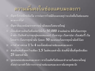









ปั ญหาโจรสลัดปล้นเรือ การก่อการร้ายมีสิงบอกเหตุว่าจะเกิดขึ้ นในช่องแคบ
่
มะละกาก็ได้
ปั ญหาสิงแวดล้อมจากคราบน้ ามันของเรือขนาดใหญ่
่
เป็ นเส้นทางเดินเรือที่แต่ละปี มีเรือ 50,000 ลาแล่นผ่าน มีท้ งเรือบรรทุก
ั
น้ ามัน เรือสินค้าบรรทุกตูคอนเทนเนอร์ เรือลากจูง เรือหาปลา เรือเฟอร์รี่ เรือ
้
โดยสาร เรือบรรทุกน้ ามัน ร้อยละ 50 ของกองเรือบรรทุกน้ ามันทัวโลก
่
การค้าทางทะเล 1 ใน 4 ของโลกต้องผ่านช่องแคบมะละกา
ส่วนที่แคบที่สุดกว้างเพียง 1.5 ไมล์ทะเลเท่านั้น ส่วนที่น้ าตื้ นที่สุดลึกเพียง
25 เมตรเท่านั้น
จุดอ่อนของช่องแคบมะละกา หากโจมตีหรือยึดและทาลายเรือขนาดใหญ่
ดังกล่าวอาจทาให้การจราจรผ่านช่องแคบมะละกาต้องหยุดชะงัก

 