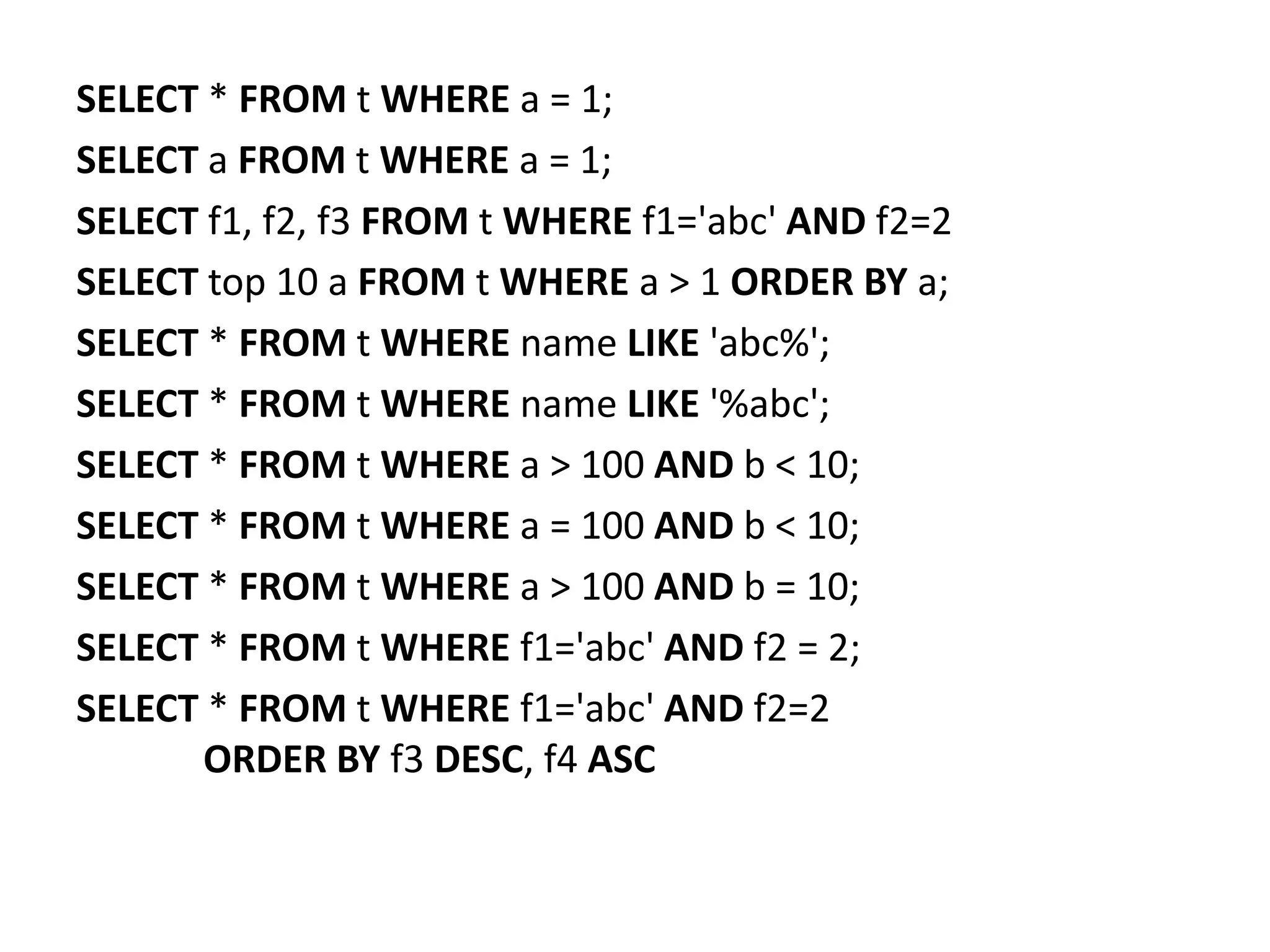 SELECT * FROM t WHERE a = 1;
SELECT a FROM t WHERE a = 1;
SELECT f1, f2, f3 FROM t WHERE f1='abc' AND f2=2
SELECT top 10 a FROM t WHERE a > 1 ORDER BY a;
SELECT * FROM t WHERE name LIKE 'abc%';
SELECT * FROM t WHERE name LIKE '%abc';
SELECT * FROM t WHERE a > 100 AND b < 10;
SELECT * FROM t WHERE a = 100 AND b < 10;
SELECT * FROM t WHERE a > 100 AND b = 10;
SELECT * FROM t WHERE f1='abc' AND f2 = 2;
SELECT * FROM t WHERE f1='abc' AND f2=2
ORDER BY f3 DESC, f4 ASC

 