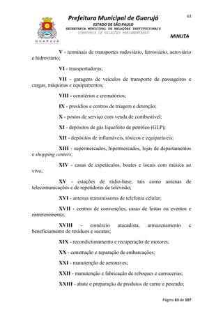 63

Prefeitura Municipal de Guarujá
ESTADO DE SÃO PAULO
SECRETARIA MUNICIPAL DE RELAÇÕES INSTITUCIONAIS
DIRETORIA DE RELAÇÕES PARLAMENTARES

MINUTA

V - terminais de transportes rodoviário, ferroviário, aeroviário
e hidroviário;
VI - transportadoras;
VII - garagens de veículos de transporte de passageiros e
cargas, máquinas e equipamentos;
VIII - cemitérios e crematórios;
IX - presídios e centros de triagem e detenção;
X - postos de serviço com venda de combustível;
XI - depósitos de gás liquefeito de petróleo (GLP);
XII - depósitos de inflamáveis, tóxicos e equiparáveis;
XIII - supermercados, hipermercados, lojas de departamentos
e shopping centers;
XIV - casas de espetáculos, boates e locais com música ao
vivo;
XV - estações de rádio-base, tais como antenas de
telecomunicações e de repetidoras de televisão;
XVI - antenas transmissoras de telefonia celular;
XVII - centros de convenções, casas de festas ou eventos e
entretenimento;
XVIII
comércio
beneficiamento de resíduos e sucatas;

atacadista,

armazenamento

e

XIX - recondicionamento e recuperação de motores;
XX - construção e reparação de embarcações;
XXI - manutenção de aeronaves;
XXII - manutenção e fabricação de reboques e carrocerias;
XXIII - abate e preparação de produtos de carne e pescado;
Página 63 de 107

 