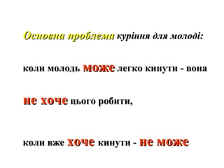 Основна проблема куріння для молоді:
коли молодь може легко кинути - вона

не хоче цього робити,
коли вже хоче кинути - не може

 
