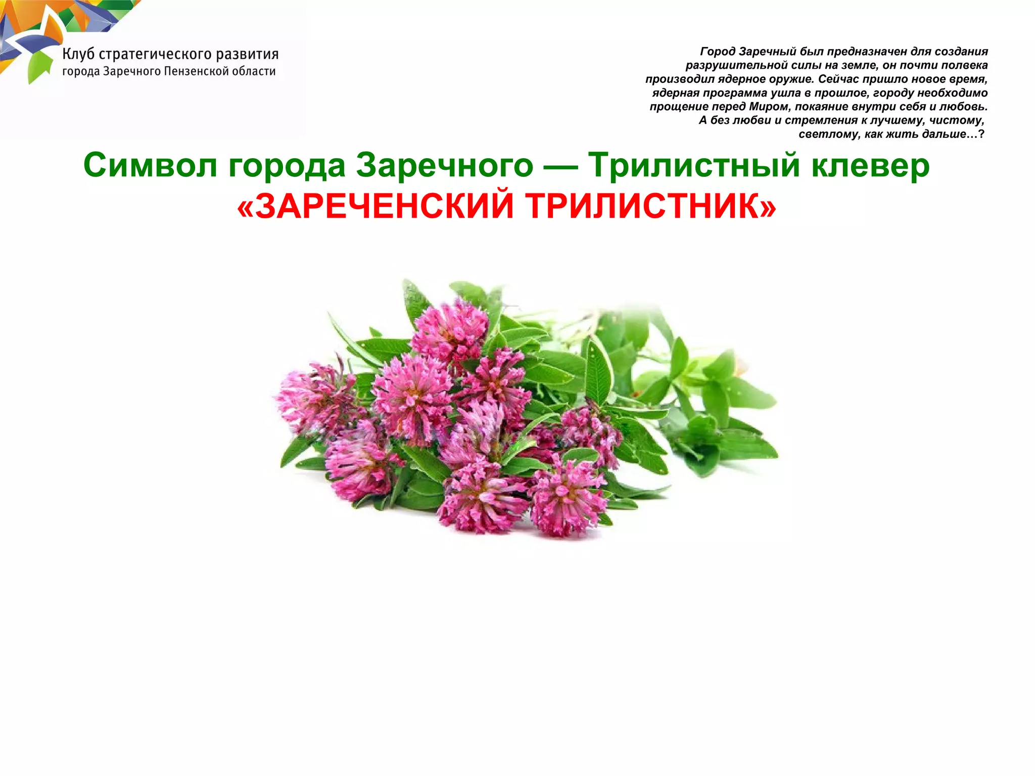 Город Заречный был предназначен для создания
разрушительной силы на земле, он почти полвека
производил ядерное оружие. Сейчас пришло новое время,
ядерная программа ушла в прошлое, городу необходимо
прощение перед Миром, покаяние внутри себя и любовь.
А без любви и стремления к лучшему, чистому,
светлому, как жить дальше…?

Символ города Заречного — Трилистный клевер
«ЗАРЕЧЕНСКИЙ ТРИЛИСТНИК»

 