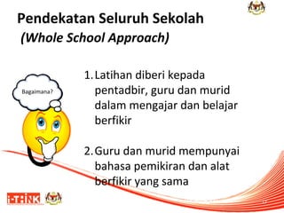 Pendekatan Seluruh Sekolah
(Whole School Approach)

Bagaimana?

1.Latihan diberi kepada
pentadbir, guru dan murid
dalam me...