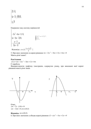 14

 D ≥ 0,

 (a − 1) ⋅ f (0)〉 0,
 x 〉0
b
Одержимо таку систему нерівностей


 − 3a 2 + 6a + 1 ≥ 0,


 (a − 1)a − 2)〉 0,
 a− 3
−
〉0
 2(a − 1)

Відповідь: a ∈(2;

 −
3
2 3
3+
2
≤ ≤
a

3
3

 <,
a
1


 >
a
2


< <
1
a
3



3+2 3
3

3

,

]

5. При яких значеннях м корені рівняння (m − 2) x 2 − 3(m + 2) x + 6m = 0
Мають різні знаки?
Розв’язання
f ( x) = ( m − 2) x 2 − 3(m + 2) + 6m

Є парабола.
Використовуючи графічну ілюстрацію, одержуємо умову, при виконанні якої корені
рівняння мають різні знаки

Y

y

x1

0

x2

x

x1

0

Отже,

( m − 2) ⋅ f (0) < 0
( m − 2) m < 0, m ∈(0;2)

Відповідь m ∈(0;2)
6. При яких значеннях а обидва корені рівняння (2 − a) x 2 − 3ax + 2a = 0

x2

х

 