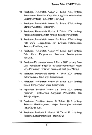 Pedoman Teknis SL-PTT Kedelai
10. Peraturan Pemerintah Nomor 21 Tahun 2004 tentang
Penyusunan Rencana Kerja dan Anggaran Kementerian
Negara/Lembaga Pemerintah (RKA-KL).
11. Peraturan Pemerintah Nomor 24 Tahun 2005 tentang
Standar Akuntansi Pemerintah.
12. Peraturan Pemerintah Nomor 8 Tahun 2006 tentang
Pelaporan Keuangan dan Kinerja Instansi Pemerintah.
13. Peraturan Pemerintah Nomor 39 Tahun 2006 tentang
Tata Cara Pengendalian dan Evaluasi Pelaksanaan
Rencana Pembangunan.
14. Peraturan Pemerintah Nomor 40 Tahun 2006 tentang
Tata Cara Penyusunan Rencana Pembangunan
Nasional.
15. Peraturan Pemerintah Nomor 2 Tahun 2006 tentang Tata
Cara Pengadaan Pinjaman dan/atau Penerimaan Hibah
serta Penerusan Pinjaman dan/atau Hibah Luar Negeri.
16. Peraturan Pemerintah Nomor 7 Tahun 2008 tentang
Dekonsentrasi dan Tugas Pembantuan.
17. Peraturan Pemerintah Nomor 60 Tahun 2008 tentang
Sistem Pengendalian Intern Pemerintah.
18. Keputusan Presiden Nomor 72 Tahun 2004 tentang
Pedoman Pelaksanaan Anggaran Pendapatan dan
Belanja Negara.
19. Peraturan Presiden Nomor 5 Tahun 2010 tentang
Rencana Pembangunan Jangka Menengah Nasional
Tahun 2010-2014.
20. Peraturan Presiden RI Nomor 29 Tahun 2011 tentang
Rencana Kerja Pemerintah Tahun 2012.

5

 