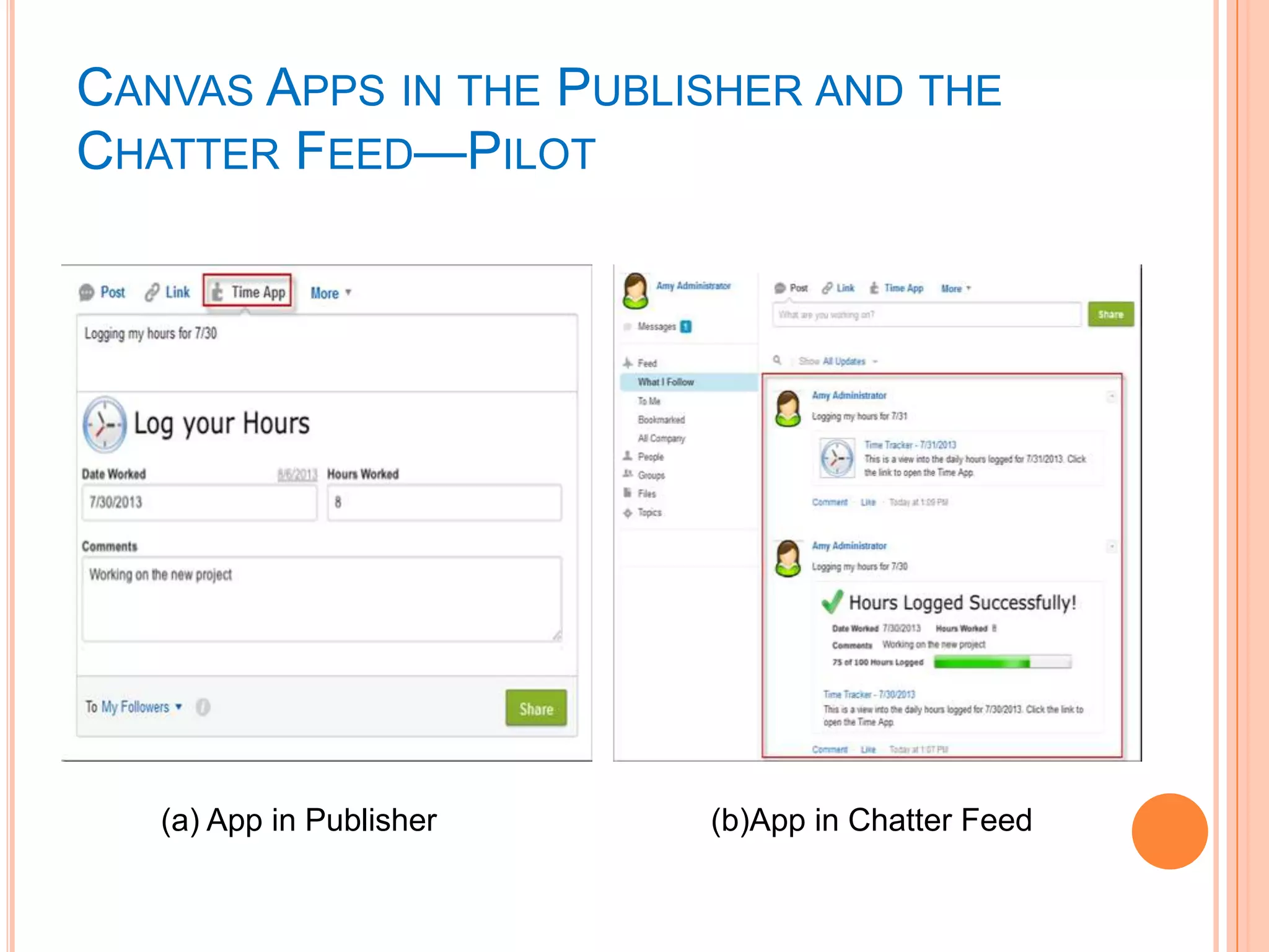 CANVAS APPS IN THE PUBLISHER AND THE
CHATTER FEED—PILOT

(a) App in Publisher

(b)App in Chatter Feed

 