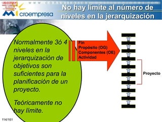 No hay límite al número de
niveles en la jerarquización

Normalmente 3ó 4
niveles en la
jerarquización de
objetivos son
suficientes para la
planificación de un
proyecto.
Teóricamente no
hay límite.
114/161

Fin
Propósito (OG)
Componentes (OE)
Actividad

Proyecto

 