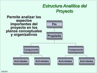 Estructura Analítica del
Proyecto
Permite analizar los
aspectos
importantes del
proyecto en los
planos conceptuales
y organizativos

Fin

Propósito

Componente

Actividades

118/161

Actividades

Componente

Actividades

Actividades

 