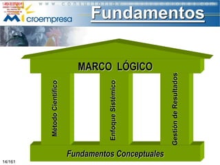 14/161

MARCO LÓGICO

Fundamentos Conceptuales
Gestión de Resultados

Enfoque Sistémico

Método Científico

Fundamentos

 