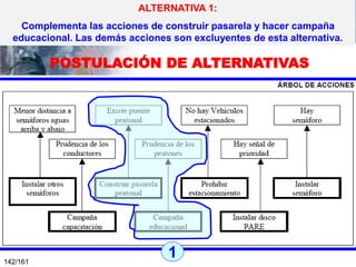 ALTERNATIVA 1:
Complementa las acciones de construir pasarela y hacer campaña
educacional. Las demás acciones son excluyentes de esta alternativa.

POSTULACIÓN DE ALTERNATIVAS

142/161

1

 