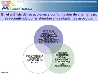 En el análisis de las acciones y conformación de alternativas,
se recomienda poner atención a los siguientes aspectos:

ESTE ES EL
MOMENTO DE
ELABORAR LOS
ESTUDIOS
PRELIMINARES QUE
DAN FUNDAMENTO

PARA TOMAR LA
DECISIÓN Y
ELEGIR UNA DE
ELLAS.

146/161

TÉCNICO,
ECONÓMICO,
SOCIAL,
FINANCIERO Y
ECOLÓGICO A
LAS
ALTERNATIVAS,

 