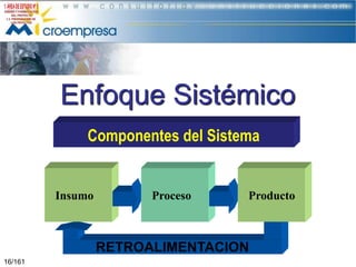 Enfoque Sistémico
Componentes del Sistema

Insumo

Proceso

Producto

RETROALIMENTACION
16/161

 