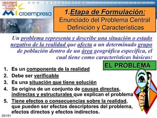 1.Etapa de Formulación:
Enunciado del Problema Central
Definición y Características
Un problema representa y describe una situación o estado
negativo de la realidad que afecta a un determinado grupo
de población dentro de un área geográfica específica, el
cual tiene como características básicas:
1.
2.
3.
4.

EL PROBLEMA

Es un componente de la realidad
Debe ser verificable
Es una situación que tiene solución
Se origina de un conjunto de causas directas,
indirectas y estructurales que explican el problema
5. Tiene efectos o consecuencias sobre la realidad,
que pueden ser efectos descriptores del problema,
efectos directos y efectos indirectos.

29/161

 