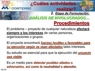 ¿Cuáles actividades
realizar?

2. Etapa de Formulación:
ANÁLISIS DE INVOLUCRADOS…

Procedimientos
El problema – proyecto de cualquier naturaleza afectará
siempre a los intereses de varias personas,
organizaciones o grupos.
El proyecto encontrará fuerzas hostiles o favorables para
su ejecución según se vean afectados tales intereses.
Su estudio es esencial para que la ejecución del proyecto
sea viable.

Es un medio para detectar posibles aliados o
adversarios, así como la neutralidad o atención.
48/161

 