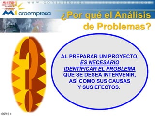 ¿Por qué el Análisis
de Problemas?
AL PREPARAR UN PROYECTO,
ES NECESARIO
IDENTIFICAR EL PROBLEMA
QUE SE DESEA INTERVENIR,
ASÍ COMO SUS CAUSAS
Y SUS EFECTOS.

65/161

 
