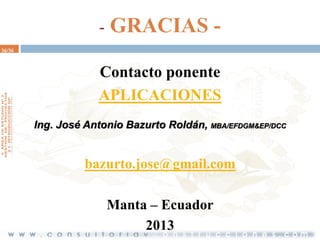 -

GRACIAS -

36/36

Contacto ponente
APLICACIONES
Ing. José Antonio Bazurto Roldán, MBA/EFDGM&EP/DCC

bazurto.jose@gmail.com
Manta – Ecuador
2013

 