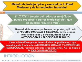 Método de trabajo típico y esencial de la Edad
Moderna y de la revolución Industrial.
4/36

FILOSOFÍA (teoría del reduccionismo):"Todo
puede reducirse a partes fundamentales, que
no pueden reducirse más".
Necesidad de resolver problemas por partes, aplicando
un PROCESO RACIONAL Y CIENTÍFICO, define etapas
más establecidas y definidas, dando lugar a
METODOLOGÍAS Y PROCESOS DE TRABAJO.
Llevó a identificar pasos de resolución de problemas, cuyo
cumplimiento frente a las NECESIDADES SOCIALES Y LIMITACIONES
TECNOLÓGICAS, requería esfuerzo organizacional. Así, se llega a
la IDEA DE UN PROYECTO.

INTRODUCCION

 