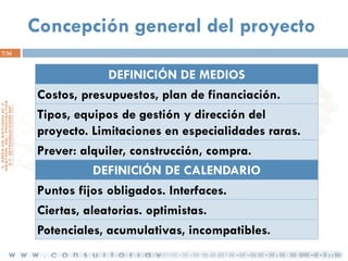Concepción general del proyecto
7/36

DEFINICIÓN DE MEDIOS
Costos, presupuestos, plan de financiación.
Tipos, equipos de gestión y dirección del
proyecto. Limitaciones en especialidades raras.
Prever: alquiler, construcción, compra.
DEFINICIÓN DE CALENDARIO
Puntos fijos obligados. Interfaces.
Ciertas, aleatorias. optimistas.
Potenciales, acumulativas, incompatibles.

 