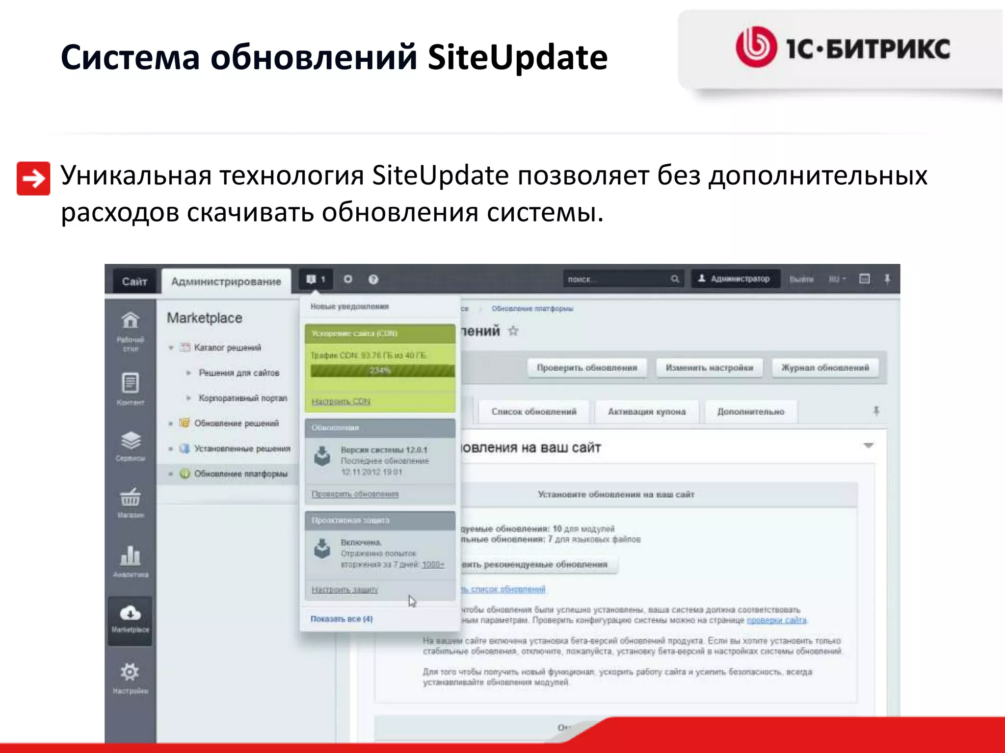 Система обновлений SiteUpdate
Уникальная технология SiteUpdate позволяет без дополнительных
расходов скачивать обновления системы.

 