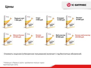 Цены

Первый сайт
1 990 руб. *

Малый бизнес
24 900 руб.

Старт
4 900 руб.

Бизнес
48 900 руб.

Стандарт
12 900 руб.

Веб-кластер
99 900 руб.

Эксперт
34 900 руб.

Бизнес веб-кластер
249 900 руб.

Стоимость лицензии (в бессрочное пользование) включает 1 год бесплатных обновлений.

* Редакция «Первый сайт» продается только через
партнерскую сеть.

 