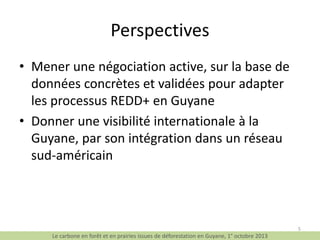 Perspectives
• Mener une négociation active, sur la base de
données concrètes et validées pour adapter
les processus REDD+ en Guyane
• Donner une visibilité internationale à la
Guyane, par son intégration dans un réseau
sud-américain

Le carbone en forêt et en prairies issues de déforestation en Guyane, 1° octobre 2013

5

 