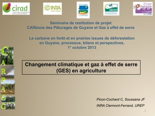 Séminaire de restitution de projet
CARbone des Pâturages de Guyane et Gaz à effet de serre

C
A
R
P
A
G
G

Le carbone en forêt et en prairies issues de déforestation
en Guyane, processus, bilans et perspectives,
1° octobre 2013

Changement climatique et gaz à effet de serre
(GES) en agriculture

Picon-Cochard C, Soussana JF
INRA Clermont-Ferrand, UREP
1

 