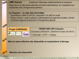 UMR Selmet

Systèmes d’élevage méditerranéens et tropicaux
Répondre à la demande attendue de biens alimentaires, en s’adaptant aux
contraintes des changements globaux

La Guyane : un site très favorable
- Scientifique UMR ECOFOG, dispositif C et GES en forêt
- Enjeux locaux / enjeux globaux (développement agricole durable, climat)
- Contexte régional amazonien (Changement global)

FEDER 2007-2013 Guyane

Projet CARPAGG

Convention 26/04/2010 - 25/04/2013 (Feder 524 997 €)
1 chef projet - 3 ETP – 4 Stages

Mise en place effective des dispositifs en exploitations d’élevage

Maintien des dispositifs
Le carbone en forêt et en prairies issues de déforestation en Guyane, 1° octobre 2013

2

 