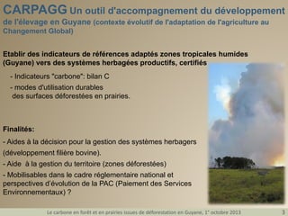 CARPAGG Un outil d'accompagnement du développement
de l'élevage en Guyane (contexte évolutif de l'adaptation de l'agriculture au
Changement Global)
Etablir des indicateurs de références adaptés zones tropicales humides
(Guyane) vers des systèmes herbagées productifs, certifiés
- Indicateurs "carbone": bilan C
- modes d'utilisation durables
des surfaces déforestées en prairies.

Finalités:
- Aides à la décision pour la gestion des systèmes herbagers
(développement filière bovine).
- Aide à la gestion du territoire (zones déforestées)
- Mobilisables dans le cadre réglementaire national et
perspectives d’évolution de la PAC (Paiement des Services
Environnementaux) ?
Le carbone en forêt et en prairies issues de déforestation en Guyane, 1° octobre 2013

3

 