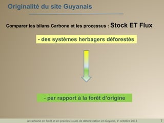 Originalité du site Guyanais
Comparer les bilans Carbone et les processus : Stock

ET Flux

- des systèmes herbagers déforestés

- par rapport à la forêt d’origine

Le carbone en forêt et en prairies issues de déforestation en Guyane, 1° octobre 2013

7

 