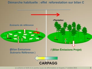 Démarche habituelle : effet reforestation sur bilan C

•Plantation

Scénario de référence

(Bilan Émissions
Scénario Référence )

/ (Bilan Émissions Projet)

CARPAGG
Le carbone en forêt et en prairies issues de déforestation en Guyane, 1° octobre 2013

8

 