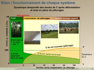 Bilan / fonctionnement de chaque système
Dynamique temporelle des stocks de C après déforestation
et mise en place de pâturages

Le carbone en forêt et en prairies issues de déforestation en Guyane, 1° octobre 2013

9

 