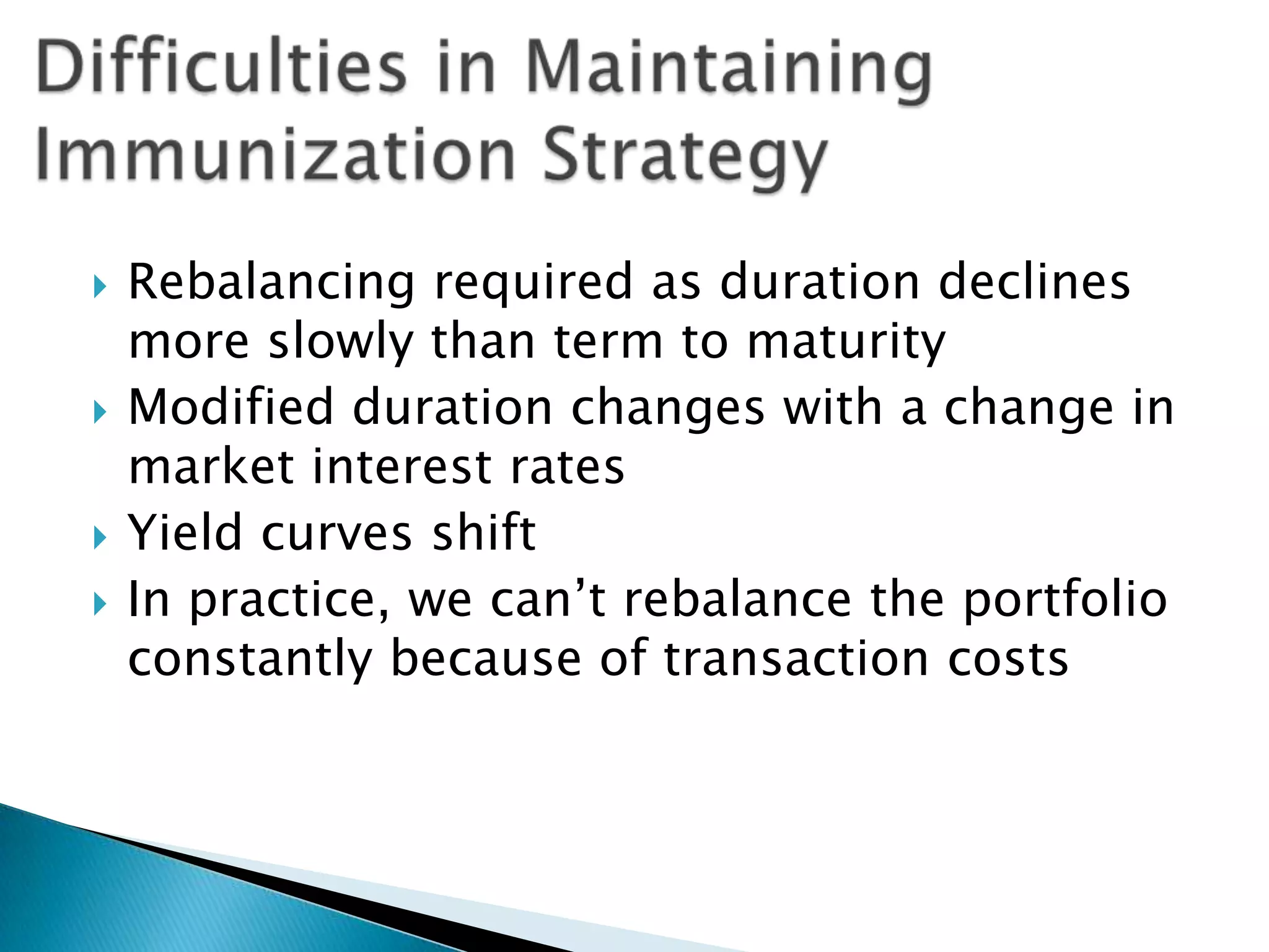






Rebalancing required as duration declines
more slowly than term to maturity
Modified duration changes with a change in
market interest rates
Yield curves shift
In practice, we can’t rebalance the portfolio
constantly because of transaction costs

 