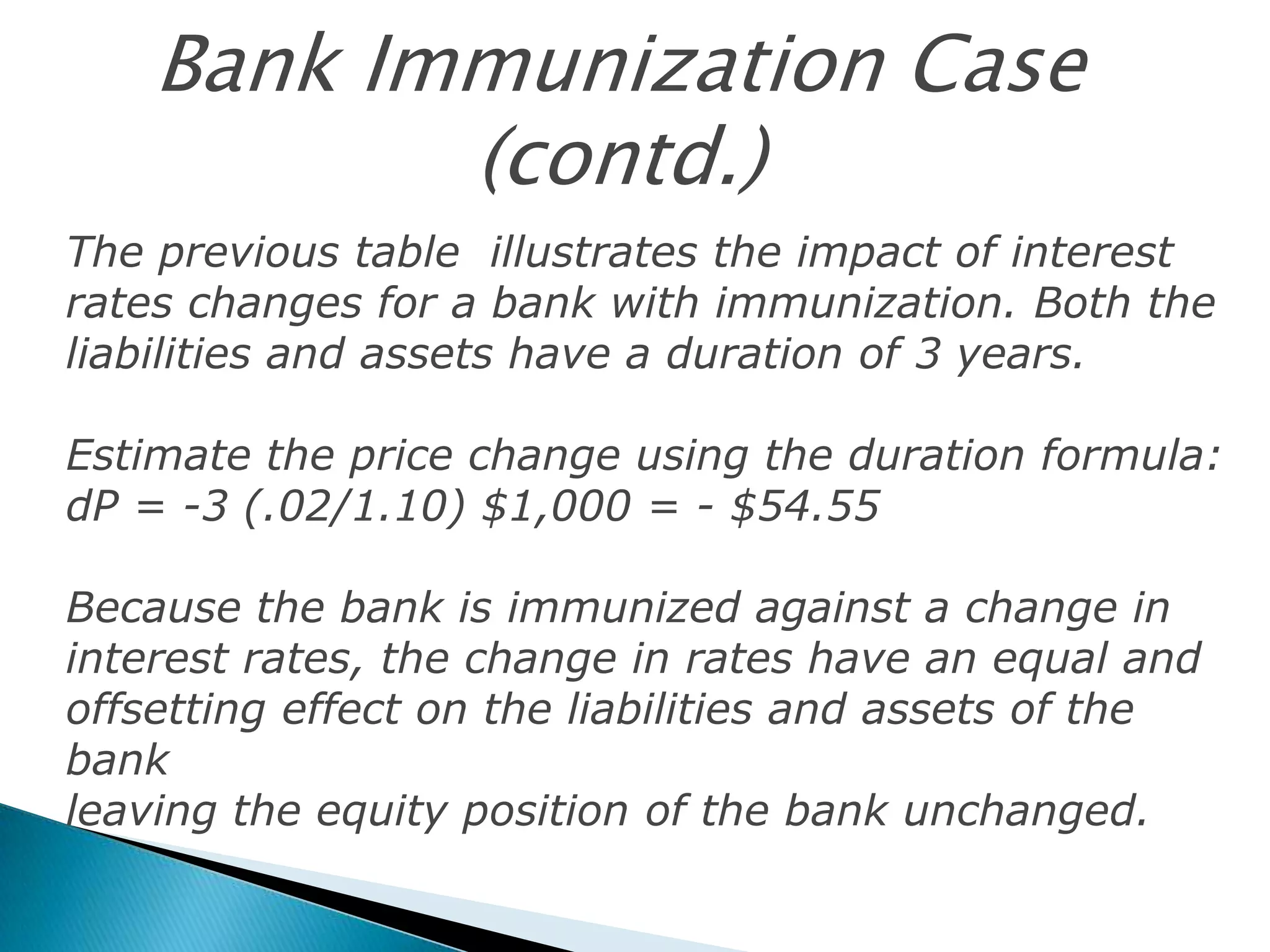 Bank Immunization Case
(contd.)
The previous table illustrates the impact of interest
rates changes for a bank with immunization. Both the
liabilities and assets have a duration of 3 years.
Estimate the price change using the duration formula:
dP = -3 (.02/1.10) $1,000 = - $54.55
Because the bank is immunized against a change in
interest rates, the change in rates have an equal and
offsetting effect on the liabilities and assets of the
bank
leaving the equity position of the bank unchanged.

 