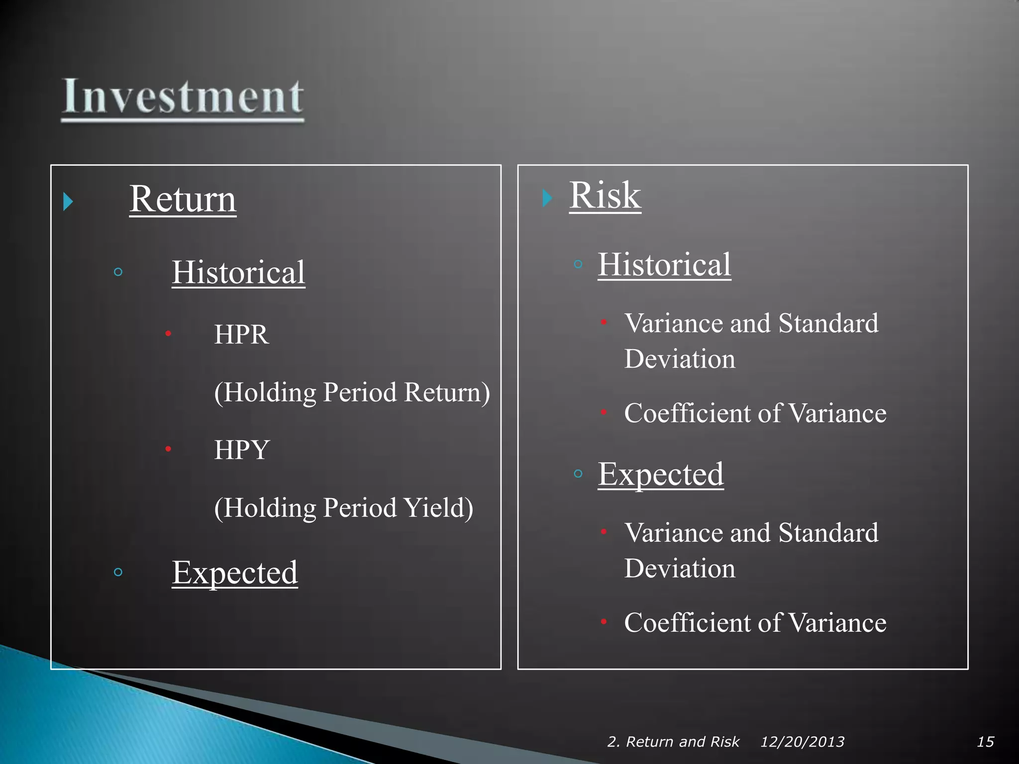 Return



◦

Historical


HPR
(Holding Period Return)



HPY
(Holding Period Yield)

◦

Expected



Risk
◦ Historical
 Variance and Standard
Deviation
 Coefficient of Variance

◦ Expected
 Variance and Standard
Deviation

 Coefficient of Variance

2. Return and Risk

12/20/2013

15

 