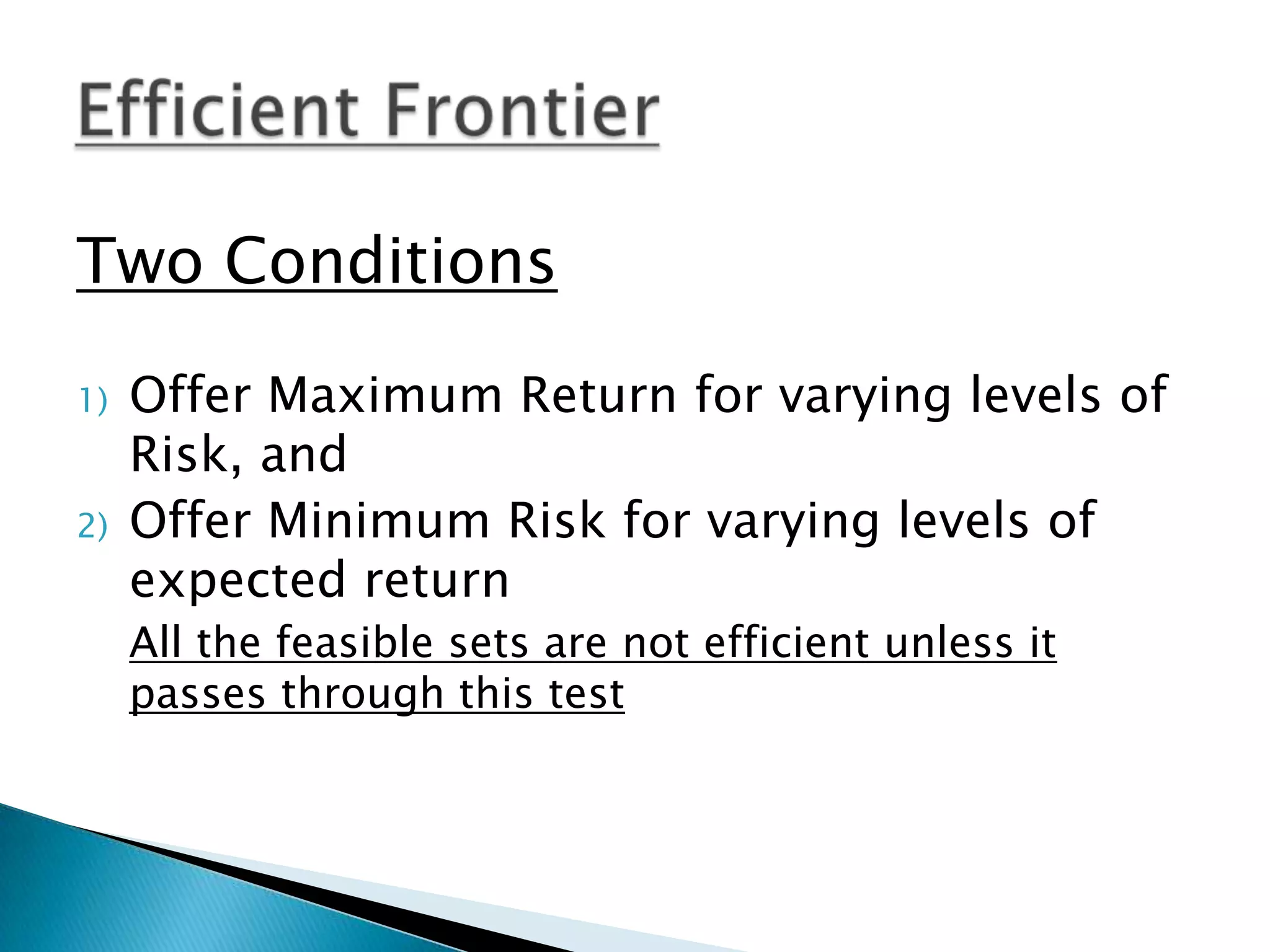 Two Conditions
1)
2)

Offer Maximum Return for varying levels of
Risk, and
Offer Minimum Risk for varying levels of
expected return
All the feasible sets are not efficient unless it
passes through this test

 
